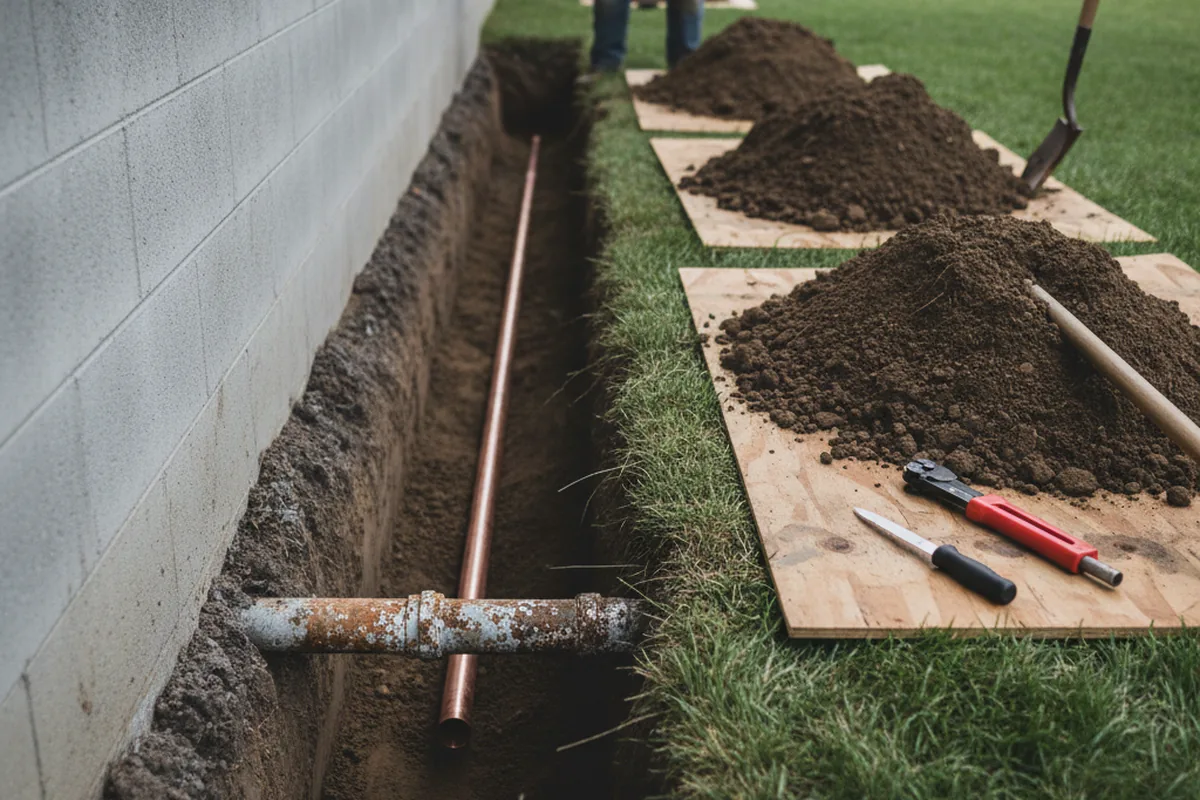 Excavated water line trench during Water Softener Installation in Terlton